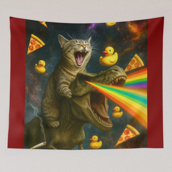 Item preview, Funny Cat riding a T-Rex in Galaxy designed and sold by DeVeauDesign.