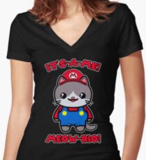Cat Cute Kawaii Funny Mario Parody Women's Fitted V-Neck T-Shirt