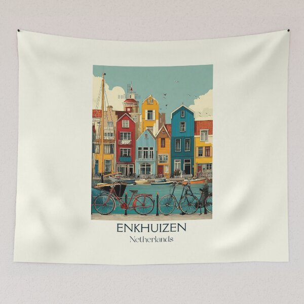 Item preview, Enkhuizen Netherlands Vintage Travel Poster | Harbor Town & Bicycles Retro Art designed and sold by TuncGK.