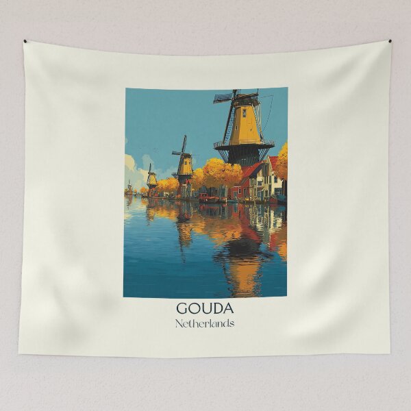 Item preview, Gouda Netherlands Vintage Travel Poster | Dutch Cheese & Windmill Sunset Art designed and sold by TuncGK.