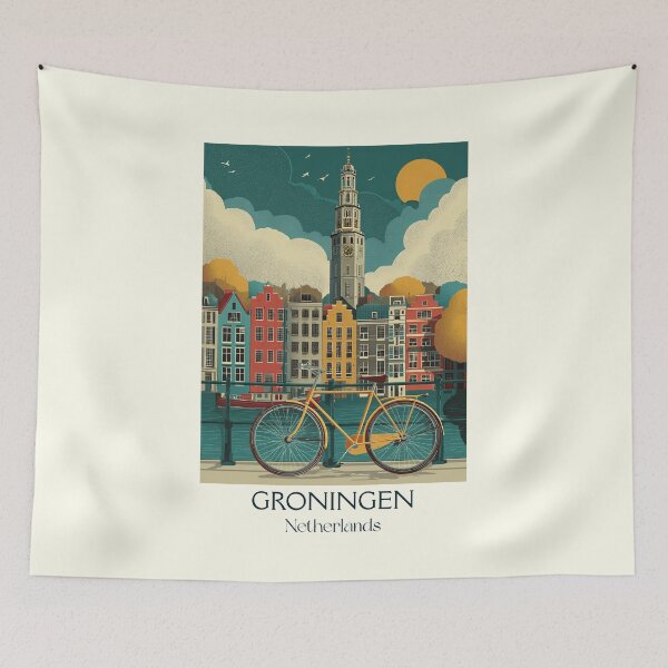 Item preview, Groningen Netherlands Vintage Travel Poster | Martinitoren & Bicycle City Art designed and sold by TuncGK.