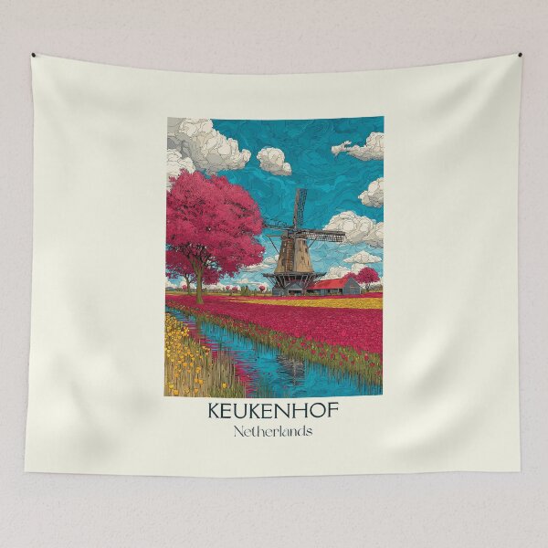 Item preview, Keukenhof Netherlands Vintage Poster | Dutch Tulip Fields & Windmill Art designed and sold by TuncGK.