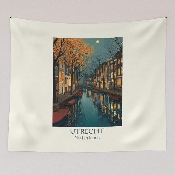 Item preview, Utrecht Netherlands Vintage Poster | Autumn Canal Scene at Night designed and sold by TuncGK.