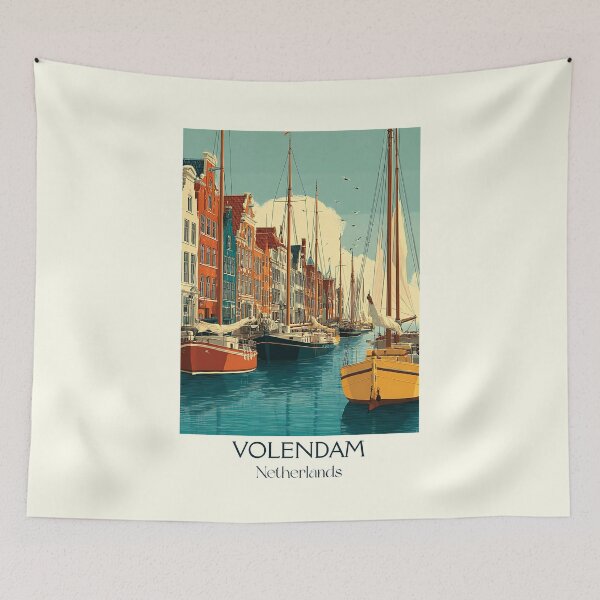 Item preview, Volendam Netherlands Vintage Poster | Traditional Harbor & Sailboats designed and sold by TuncGK.