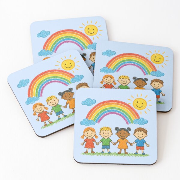 Item preview, Four Smiling Kids Holding Hands Under Rainbow - Children's Art designed and sold by Myra365Art.