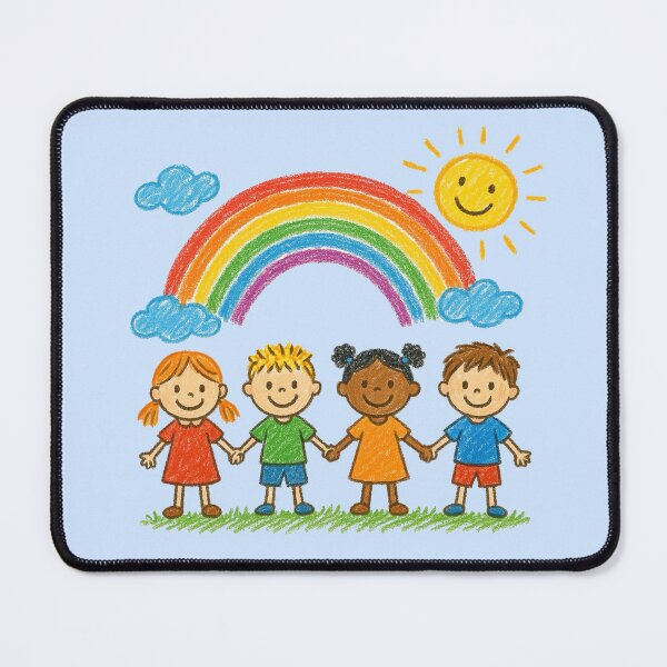 Item preview, Four Smiling Kids Holding Hands Under Rainbow - Children's Art designed and sold by Myra365Art.