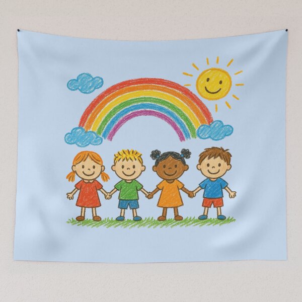 Item preview, Four Smiling Kids Holding Hands Under Rainbow - Children's Art designed and sold by Myra365Art.