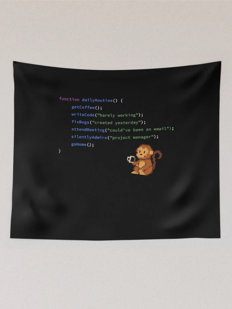 Thumbnail 2 of 3, Tapestry, Code Monkey Daily Routine – Funny JavaScript Design designed and sold by ElkeD.