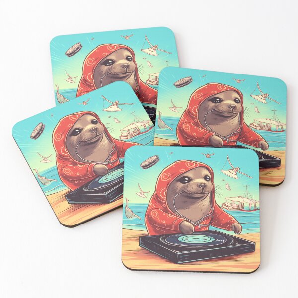 Item preview, DJ Seal in Red Hoodie Spinning Vinyl on the Beach designed and sold by PaintbrushPlace.