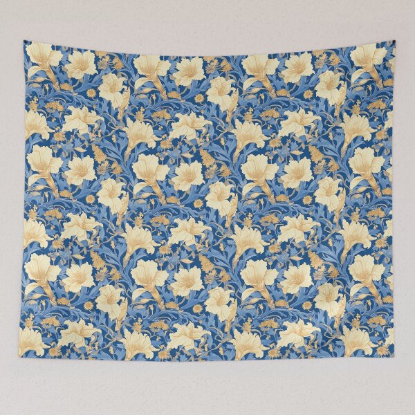 Item preview, Flores de primavera vintage azules y doradas designed and sold by MagicOpossum.