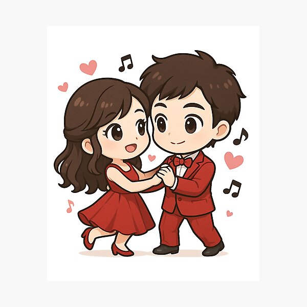 Item preview, Chibi Couple Dancing with Musical Notes – Cute Valentine Ball Style Illustration designed and sold by ColorSplash123.