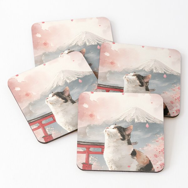 Item preview, Tricolor Cat in Sakura Breeze – Watercolor Pastel Landscape with Mountain and Blossoms designed and sold by Nalinthip.