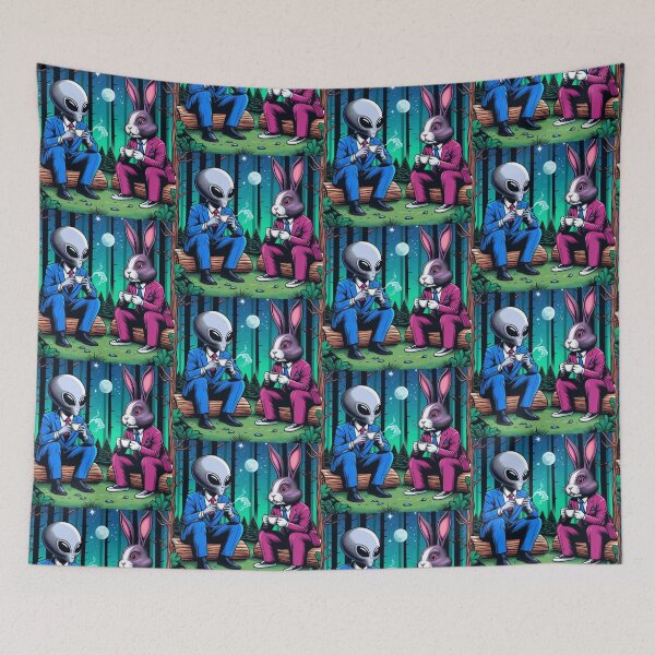 Item preview, an alien and a bunny drinking coffee in the forest designed and sold by Dogandesighn.