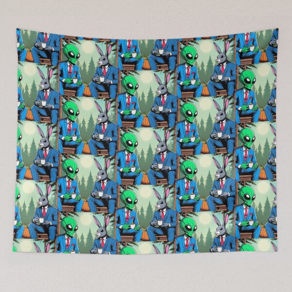 Item preview, an alien and a bunny drinking coffee in the forest designed and sold by Dogandesighn.