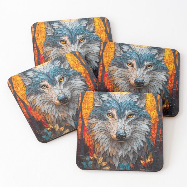 Item preview, Mosaic Wolf Staring Boldly At Fiery Forest designed and sold by mildaclairmo.