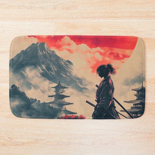 Item preview, Japanese Landscape Stoic Samurai Silhouette Surveying Crimson Sunlit Mountain Shrine Vistas designed and sold by mildaclairmo.