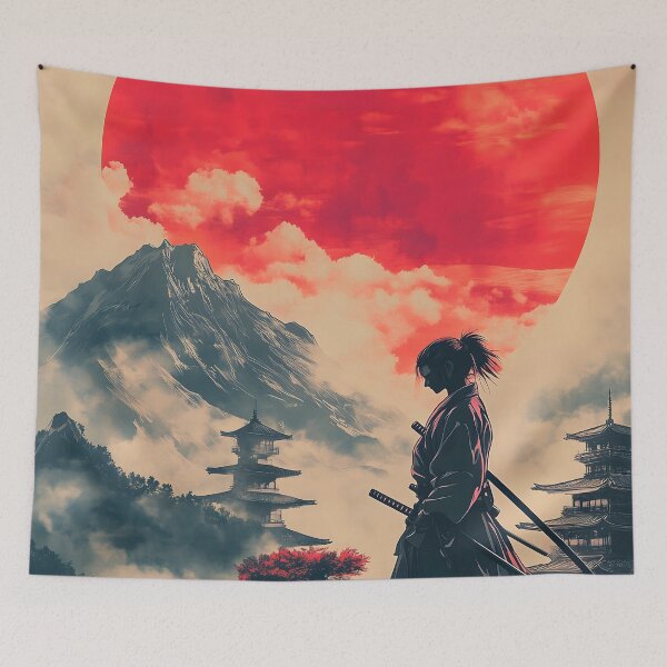 Item preview, Japanese Landscape Stoic Samurai Silhouette Surveying Crimson Sunlit Mountain Shrine Vistas designed and sold by mildaclairmo.