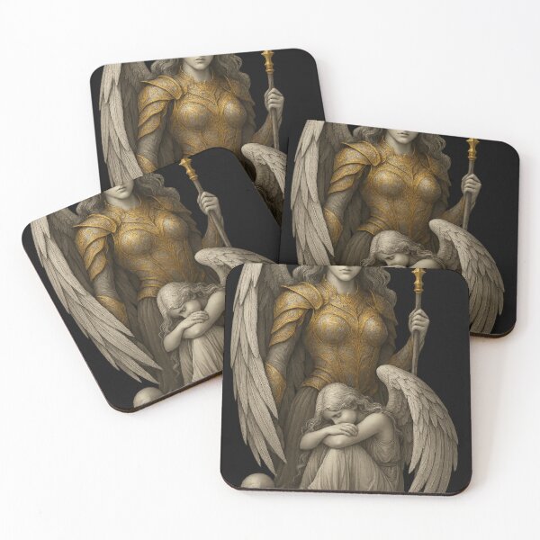 Item preview, Golden Guardian Archangel Protecting Fallen Cherub – Gothic Fantasy Art Print designed and sold by Daagath.