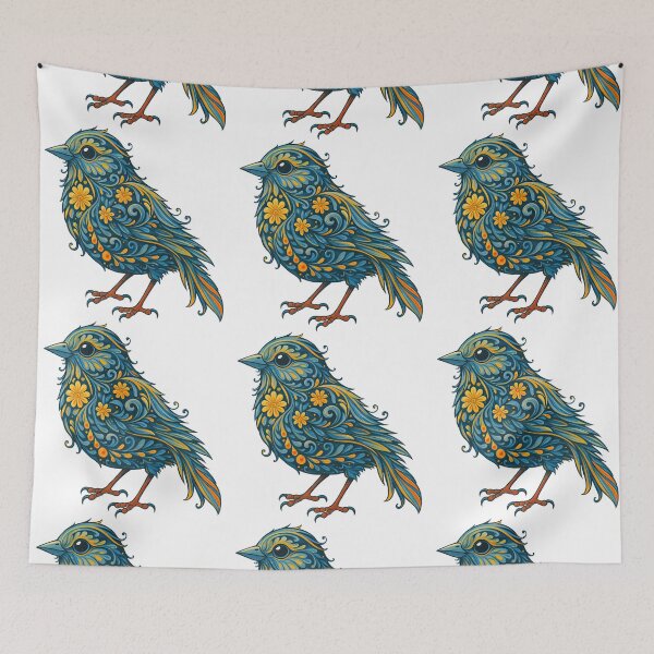 Item preview, Floral Blue Bird - Decorative Folk Art Inspired Illustration designed and sold by ArtfulWeave.