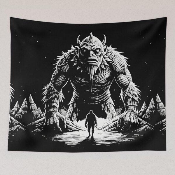 Item preview, Colossal Horned Monster Confronts Lone Figure designed and sold by ART ATTACK ZONE.