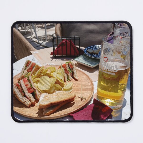 Item preview, A club sandwich and a glass of Mythos beer. designed and sold by ronsaunders47.