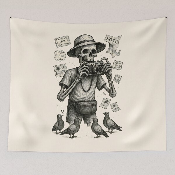 Item preview, Skeleton Travel Photographer with Vintage Camera & City Stamps designed and sold by Shoot-The-Moon.