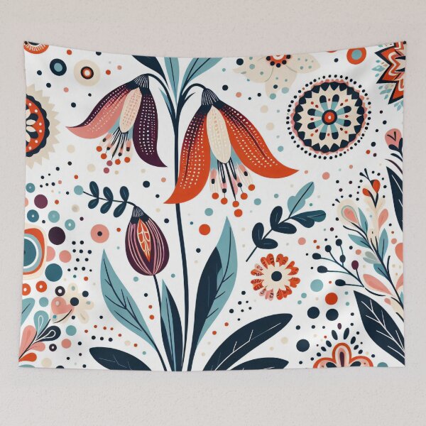 Item preview, Red and White Bellflowers - Scandinavian Folk Art by heidiannemorris © designed and sold by FOLK ART FUSION by heidiannemorris.