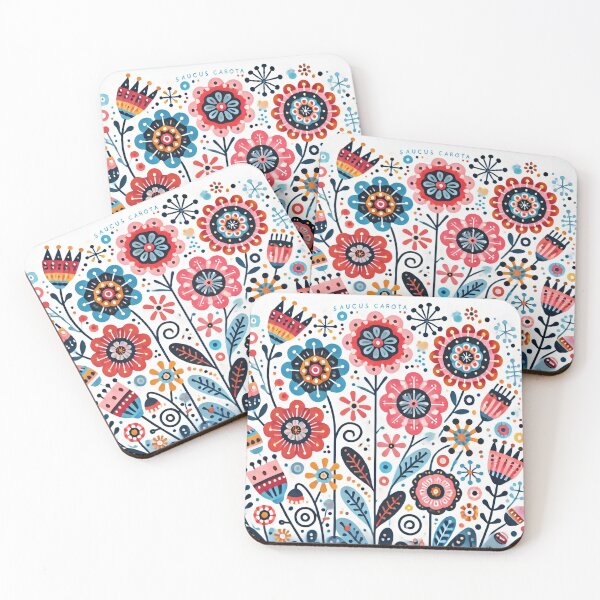 Item preview, Pink Blue Yellow Queen Anne's lace Bellflowers Daisies - Scandinavian Folk Art by heidiannemorris © designed and sold by FOLK ART FUSION by heidiannemorris.