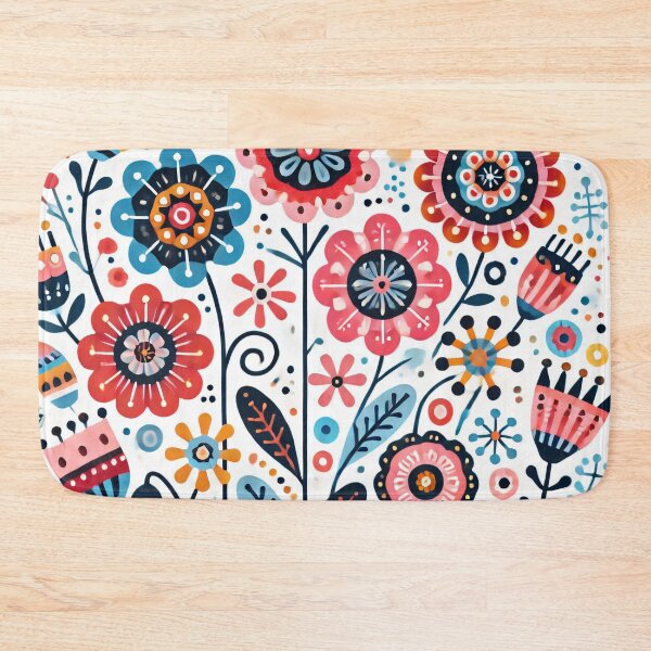 Item preview, Pink Blue Yellow Queen Anne's lace Bellflowers Daisies - Scandinavian Folk Art by heidiannemorris © designed and sold by FOLK ART FUSION by heidiannemorris.