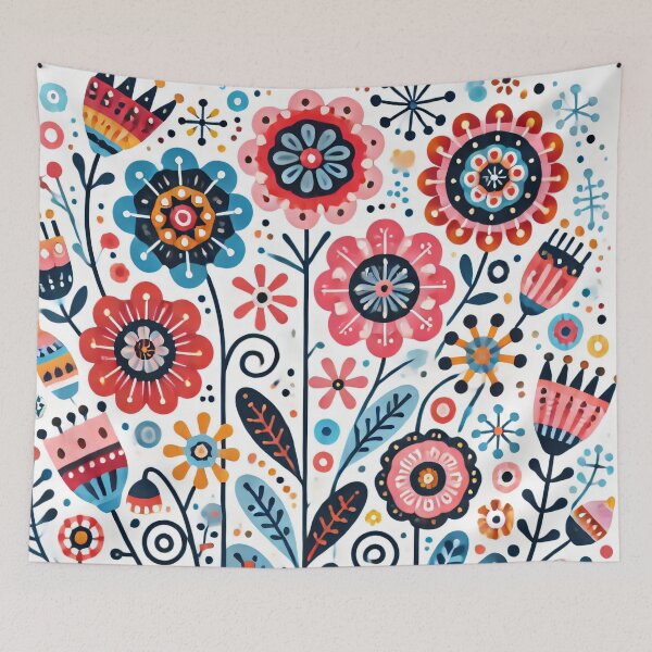 Item preview, Pink Blue Yellow Queen Anne's lace Bellflowers Daisies - Scandinavian Folk Art by heidiannemorris © designed and sold by FOLK ART FUSION by heidiannemorris.