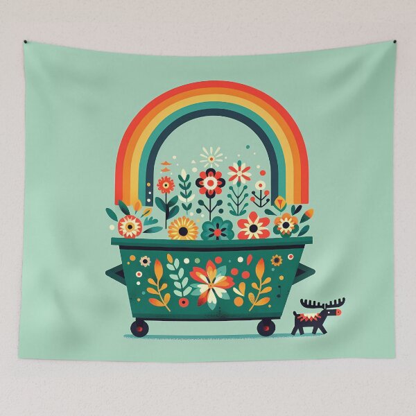 Item preview, Miniature Moose with Flowers in a Green Dumpster Rainbow - Scandinavian Folk Art by heidiannemorris © designed and sold by FOLK ART FUSION by heidiannemorris.