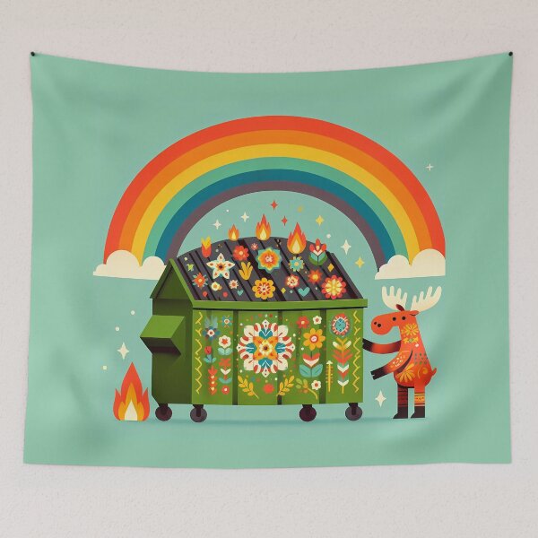 Item preview, Moose pushing a Fiery Floral Orange Dumpster - Scandinavian Folk Art by heidiannemorris © designed and sold by FOLK ART FUSION by heidiannemorris.