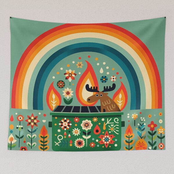 Item preview, Moose Sitting in Flaming Green Dumpster Fire - Scandinavian Folk Art by heidiannemorris © designed and sold by FOLK ART FUSION by heidiannemorris.