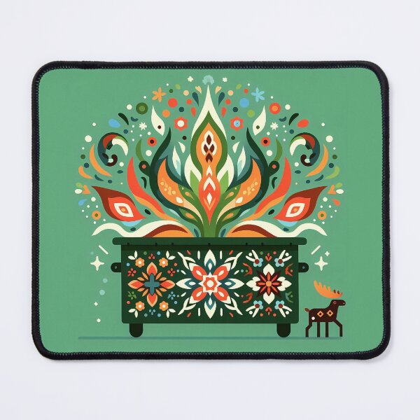 Item preview, Miniature Moose with Fiery Floral Dark Green Dumpster - Scandinavian Folk Art by heidiannemorris © designed and sold by FOLK ART FUSION by heidiannemorris.