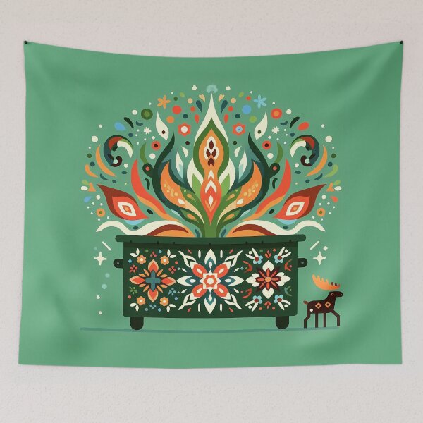 Item preview, Miniature Moose with Fiery Floral Dark Green Dumpster - Scandinavian Folk Art by heidiannemorris © designed and sold by FOLK ART FUSION by heidiannemorris.