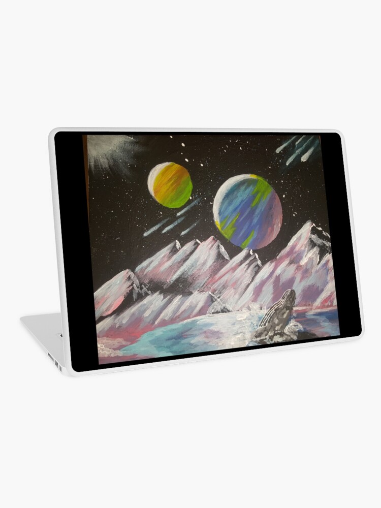 Thumbnail 1 of 2, Laptop Skin, "Galactic dream world" planets, mountains and whale designed and sold by NatyWhiteStar.