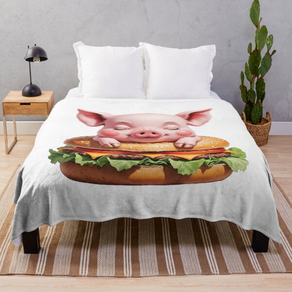 Item preview, Cute cartoon pig resting on a large hamburger with lettuce and cheese, showcasing a whimsical food theme designed and sold by Ms. Iryna.