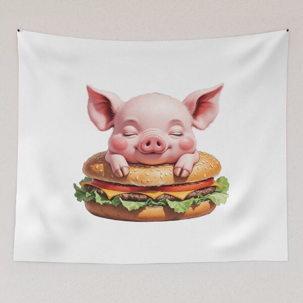 Item preview, Cute cartoon pig resting on a large hamburger with lettuce and cheese, showcasing a whimsical food theme designed and sold by Ms. Iryna.