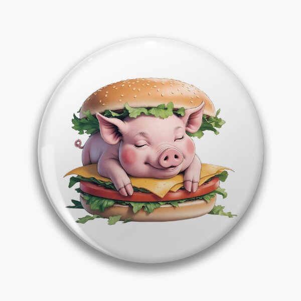 Item preview, Creative art depicting a cute cartoon pig resting on a burger with fresh vegetables and cheese in a whimsical style designed and sold by Ms. Iryna.