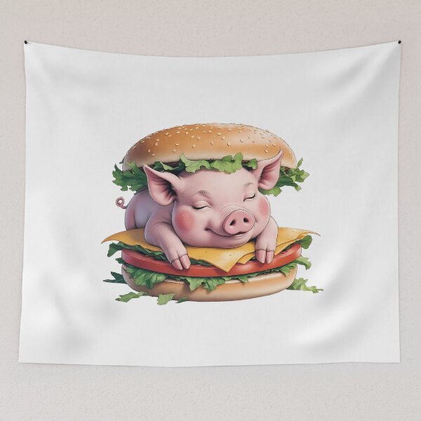 Item preview, Creative art depicting a cute cartoon pig resting on a burger with fresh vegetables and cheese in a whimsical style designed and sold by Ms. Iryna.