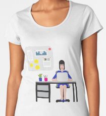 Girl sitting at the table and working on laptop. Women's Premium T-Shirt