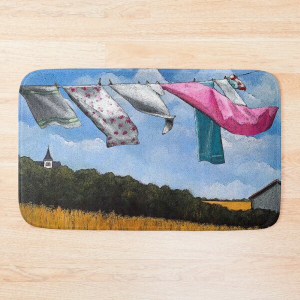 Item preview, Laundry Hanging On Line, Country Landscape with Church designed and sold by JoyfulWhimsy.