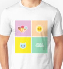 Hello Summer ice cream, sun, cat. Kawaii cute face Unisex T-Shirt