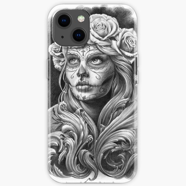 Black and Grey Catrina with a crown of roses. iPhone Soft Case