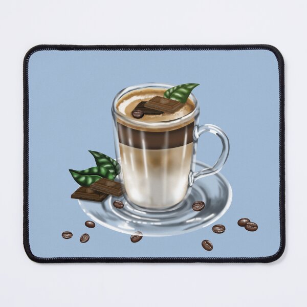 Item preview, An artfully served latte macchiato in a glass on a saucer, surrounded by coffee beans, chocolate pieces and delicate leaves designed and sold by katecheerycake.