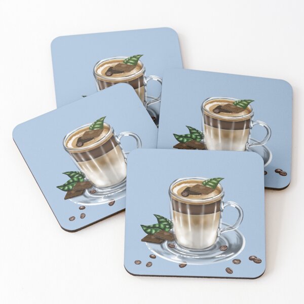 Item preview, An artfully served latte macchiato in a glass on a saucer, surrounded by coffee beans, chocolate pieces and delicate leaves designed and sold by katecheerycake.