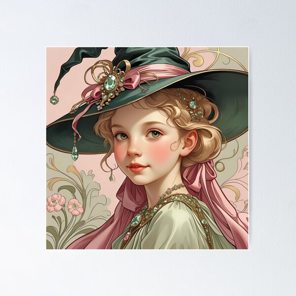 Item preview, Pink Ribbon Young Witch in Art Nouveau designed and sold by Edenglow Prints & Peculiars.