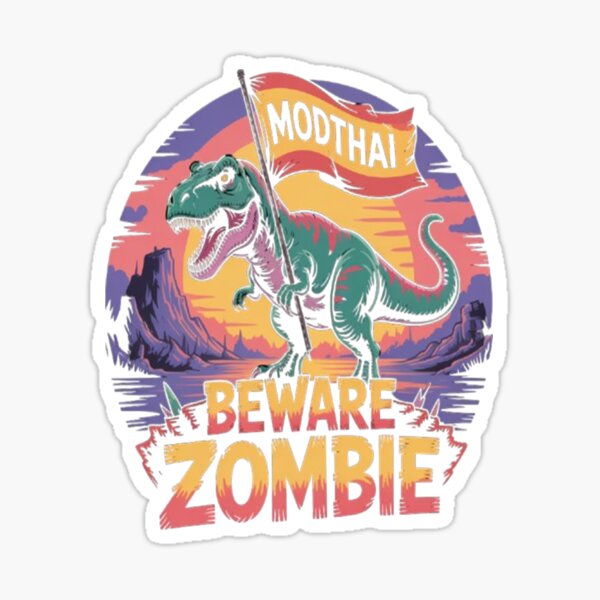 Vista previa del artículo con la obra «MODTHAI T-Rex con bandera - Dinosaurio postapocalíptico "Cuidado con los zombis"», diseñado y vendido por Modthai.