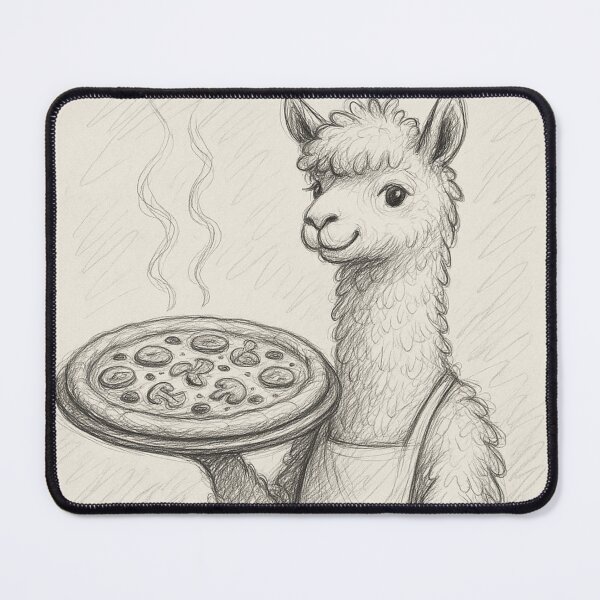 Item preview, Smiling Llama Serving Pizza – Sketch Illustration designed and sold by Alpaca Ridge.