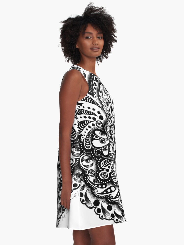 Thumbnail 2 of 4, A-Line Dress, Black & white abstract eye art designed and sold by Eclectic-Kim.